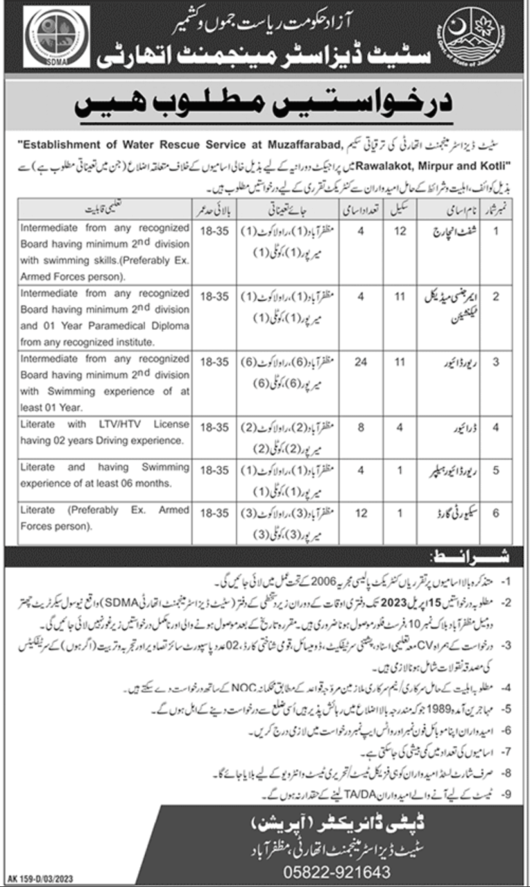 Advertisement of State Disaster Management Authority SDMA AJK Jobs 2023