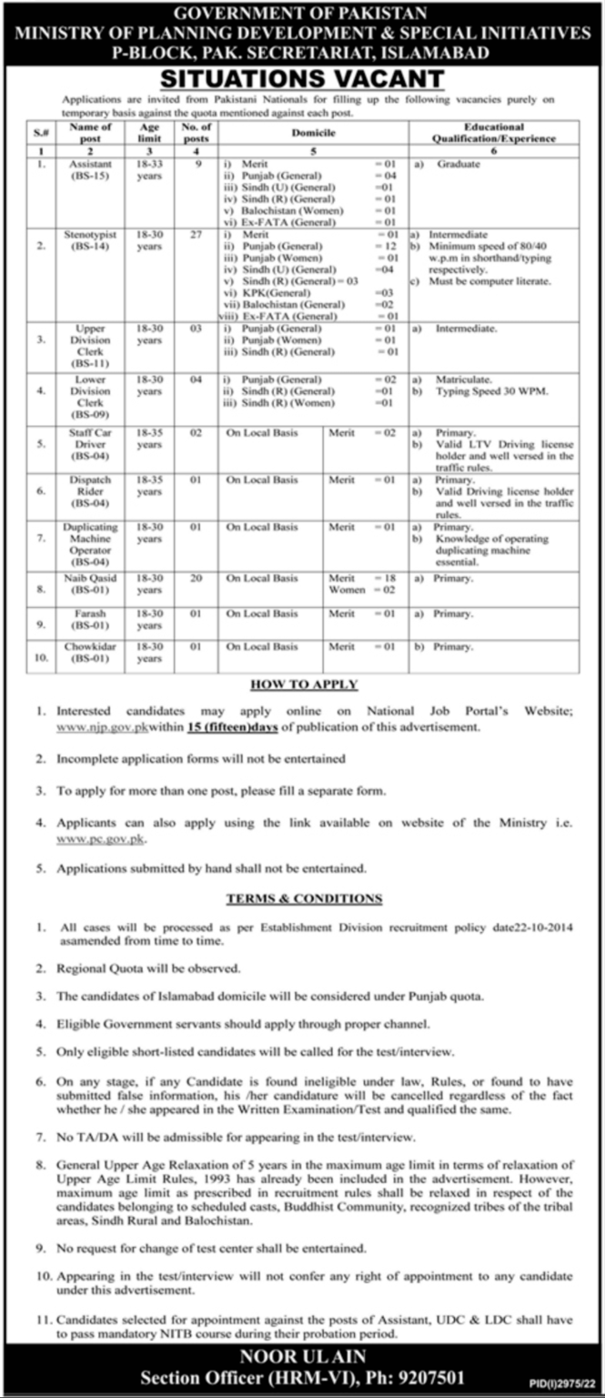 Official Advertisement of Ministry of Planning and Development Jobs 2023